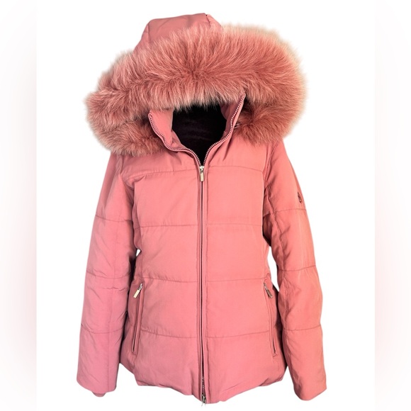 Anne Klein Jackets & Blazers - Anne Klein Pink Down Puffer Coat Fur Trim Hood Size Medium